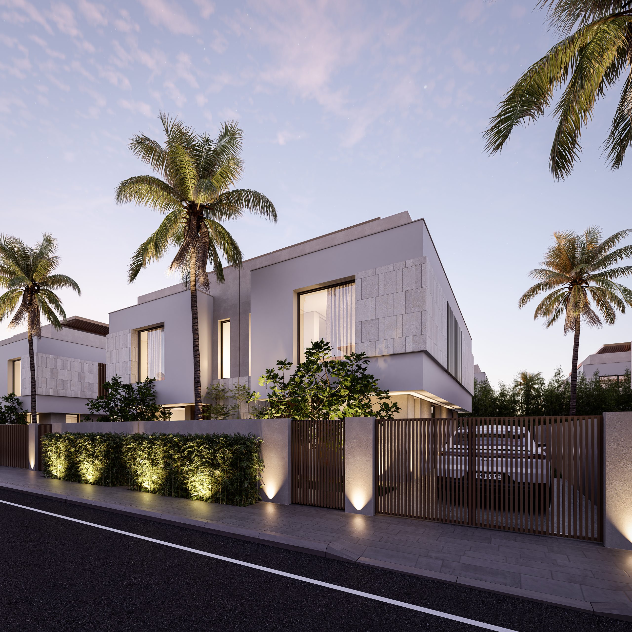 Exterior view of a luxury villa in Marrakech with garden